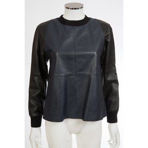 Vince Navy Black Lambskin Leather Long Sleeve Sweatshirt Shirt $695 sz XXS 4